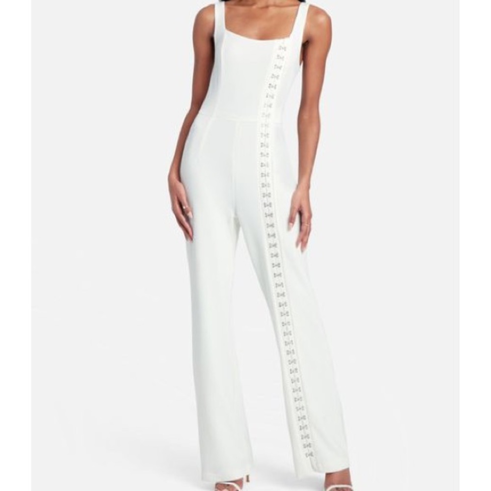 Bebe White Knit Crepe Rhinestone Hook & Eye Wide Leg Jumpsuit